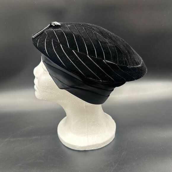 Vintage Beret Hat 1950s Black Velvet Satin Bow Modern Miss Formal Church - Picture 5 of 10